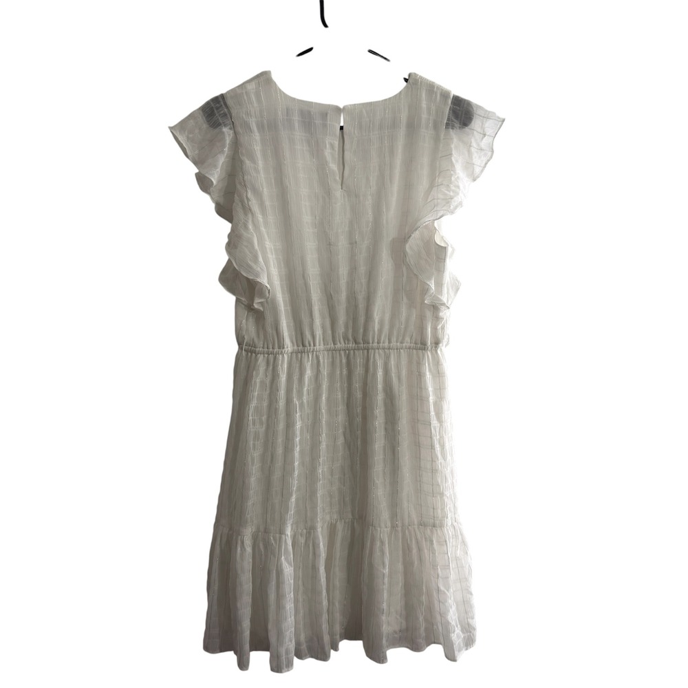 DKNY Flutter Sleeve Tiered Dress Womens 8 White Lurex Shimmer  V-Neck Flowy - Picture 3 of 9
